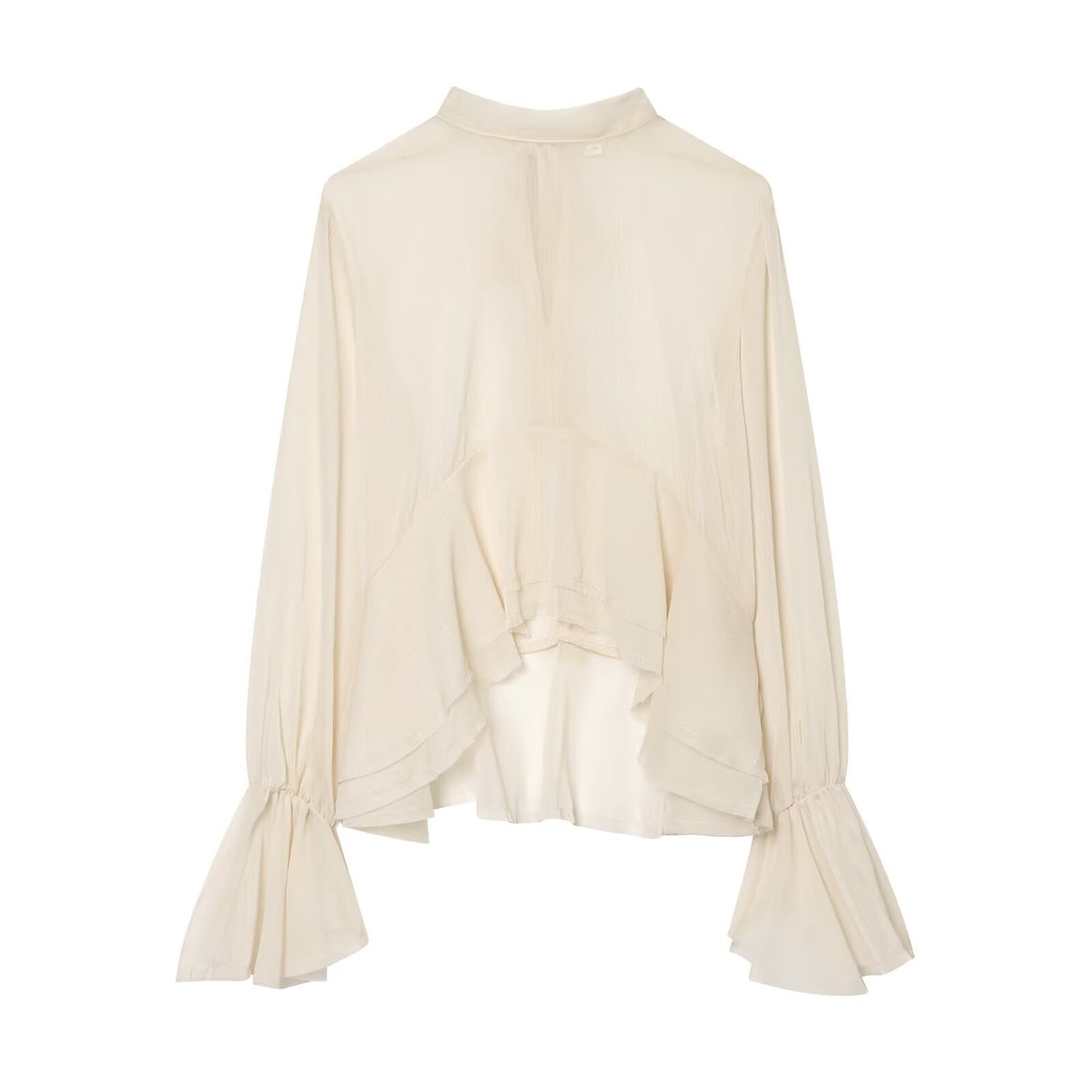 Women Asymmetrical Ruffle Blouse with High Front, Low Back and Bell Sleeves Mune Fashion