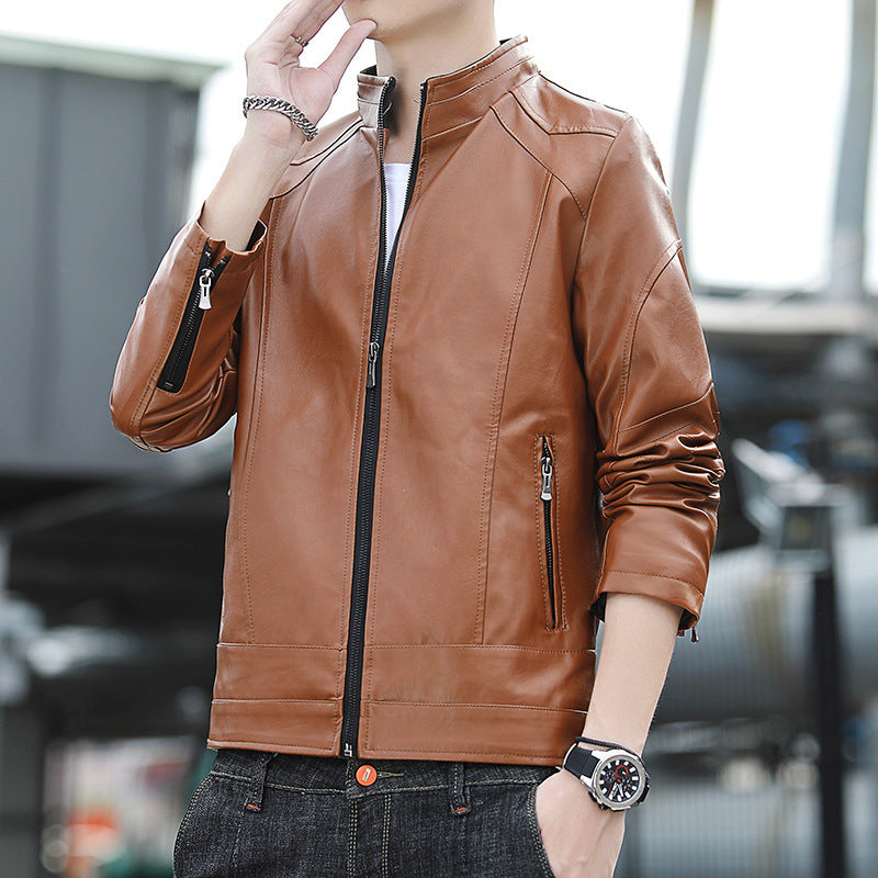 Men's Faux Leather Moto Jacket in Slim Aviator Cut with High Standing Collar and Zipper Sleeves Mune Fashion
