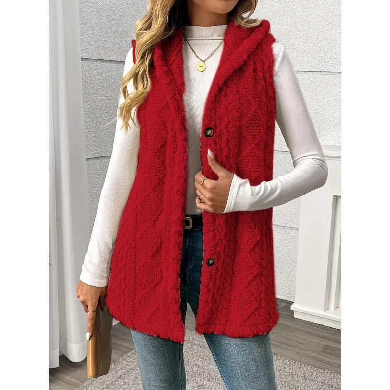 Women's Hooded Teddy Vest with Structured Cable Knit Pattern and Decorative Button Placket Mune Fashion
