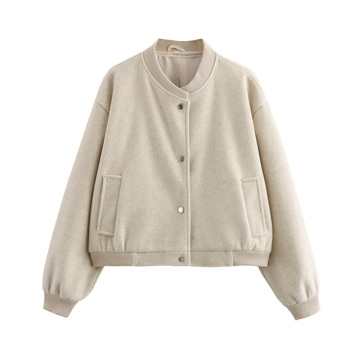 Women's cropped bomber jacket in boxy cut with snap button placket and side pockets Mune Fashion