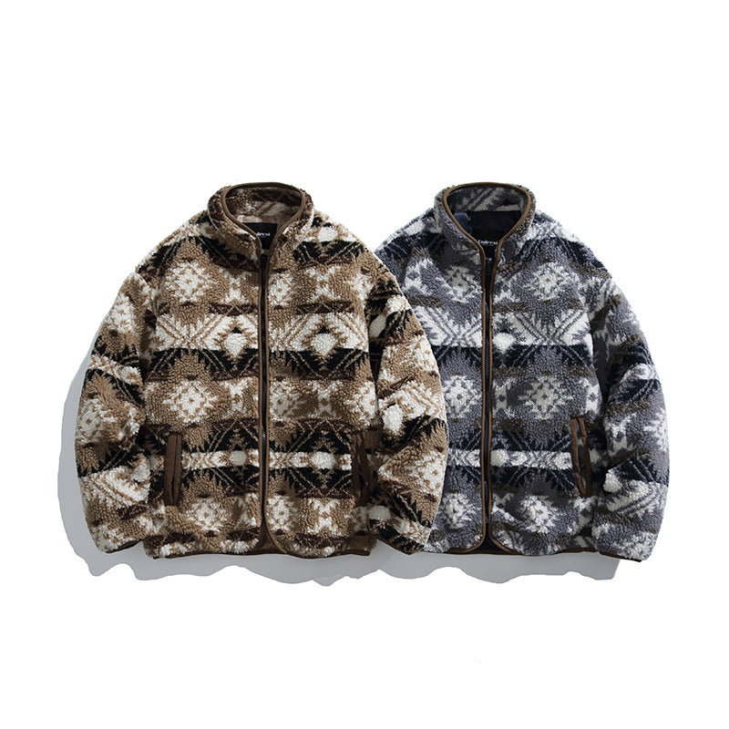 Unisex teddy fleece jacket in tribal pattern with stand-up collar and continuous zipper Mune Fashion