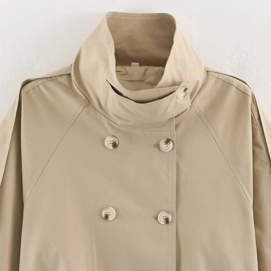 Women's short double-breasted cape trench coat with stand-up collar and belt Mune Fashion