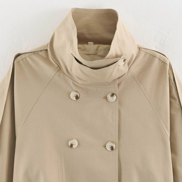 Women's short double-breasted cape trench coat with stand-up collar and belt Mune Fashion