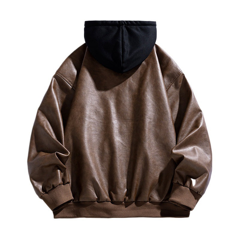 Men's Casual Faux Leather Aviator Jacket in Oversized Cut with Contrast Hood & Snap Button Placket Mune Fashion