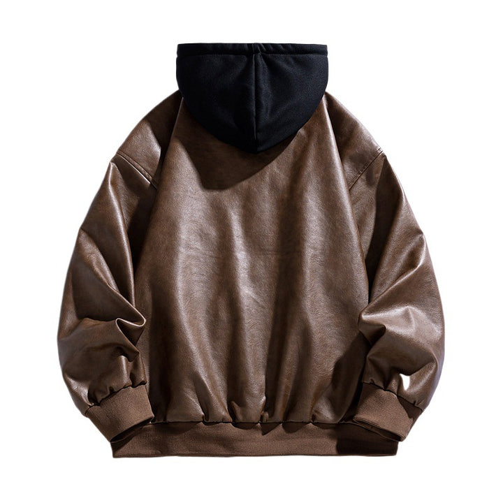 Men's Casual Faux Leather Aviator Jacket in Oversized Cut with Contrast Hood & Snap Button Placket Mune Fashion