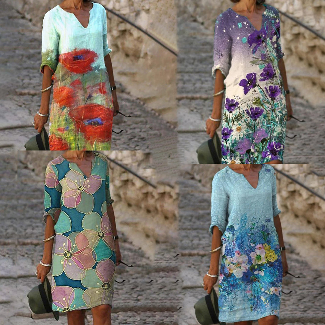 Ladies casual linen dress with V-neck and floral all-over pattern, knee-length with three-quarter sleeves Mune Fashion
