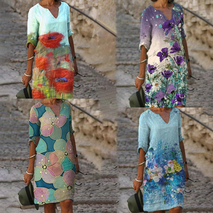 Ladies casual linen dress with V-neck and floral all-over pattern, knee-length with three-quarter sleeves Mune Fashion