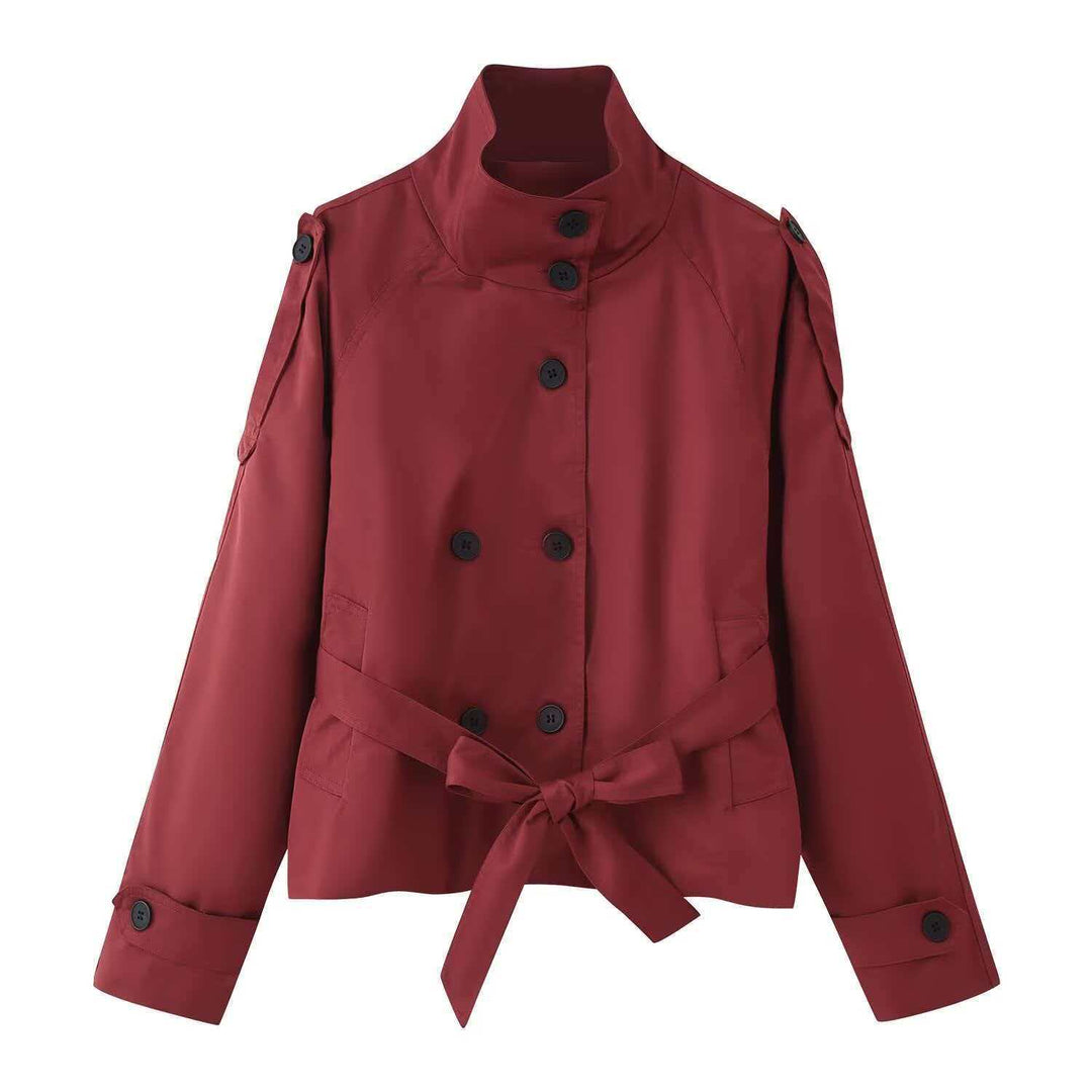 Women's short tailored trench coat with high standing collar, double-breasted button placket, and adjustable tie belt Mune Fashion