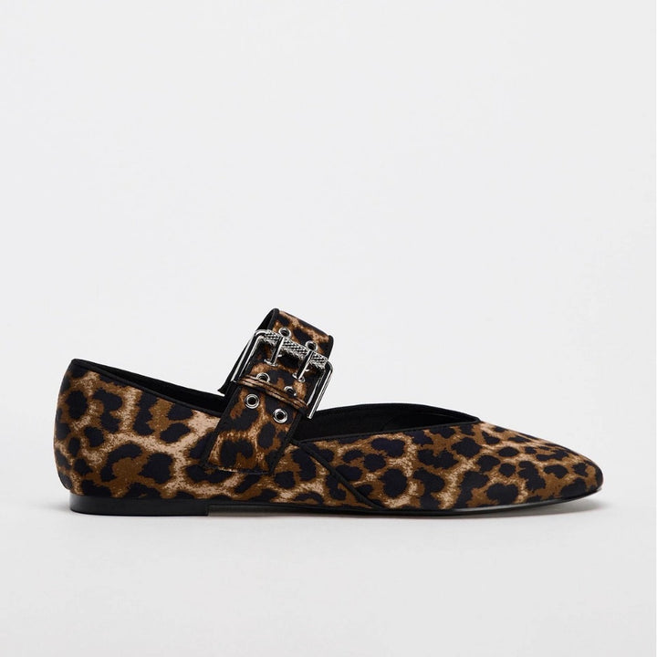 Ladies Flat Strap Ballerinas with Wide Decorative Buckle Strap and Leopard Pattern Mune Fashion