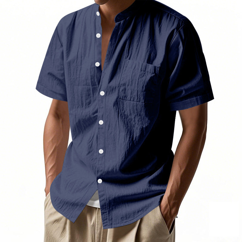 Men's nan legeres short-sleeve linen blend shirt with stand-up collar, chest pocket, and continuous button placket Mune Fashion