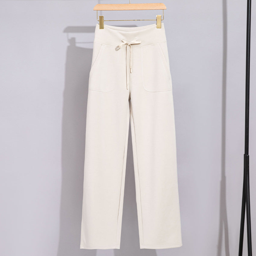 Women's Wide Cotton Terry Lounge Pants with High Waist and Drawstring Mune Fashion