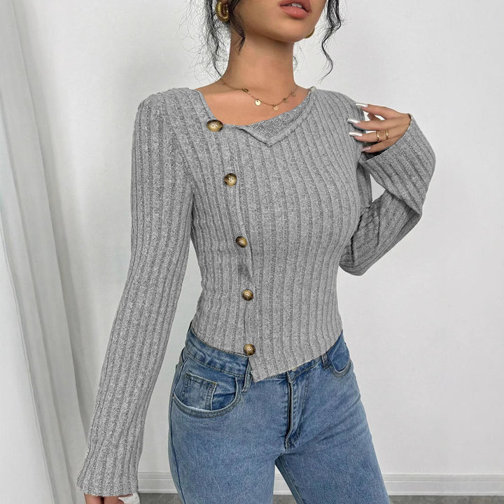 Women's asymmetrical ribbed knit top with side button placket, flared sleeves, and fitted silhouette Mune Fashion