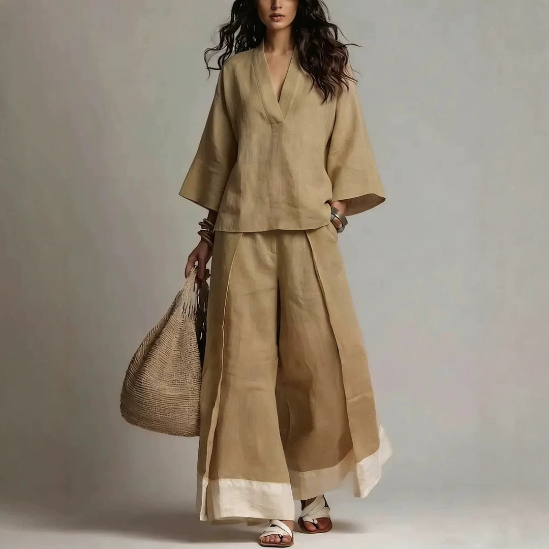 Women's linen two-piece set with wide palazzo pants V-neck and contrasting hem Mune Fashion