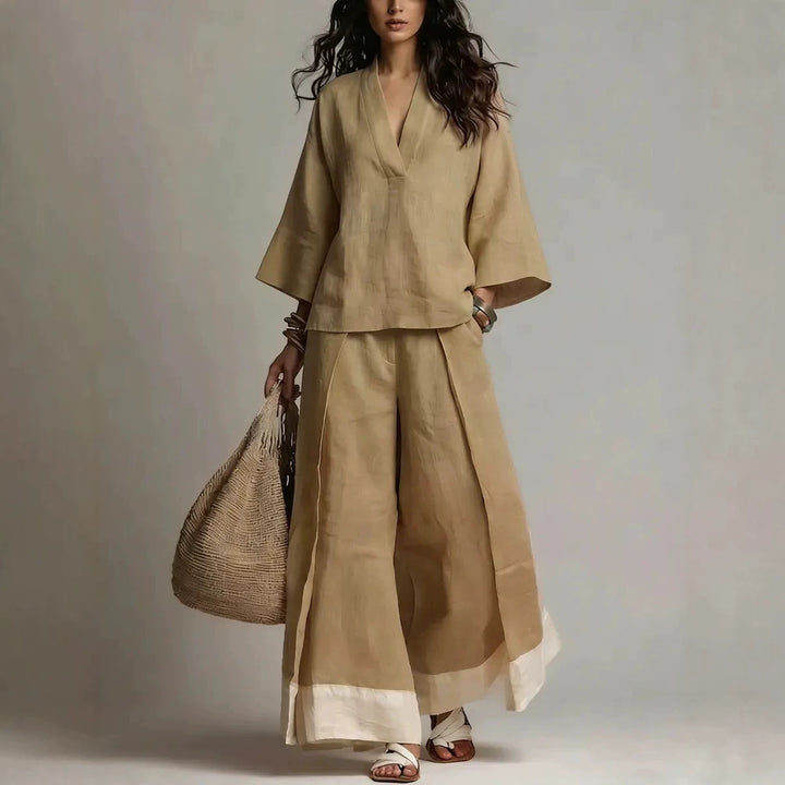 Women's linen two-piece set with wide palazzo pants V-neck and contrasting hem Mune Fashion