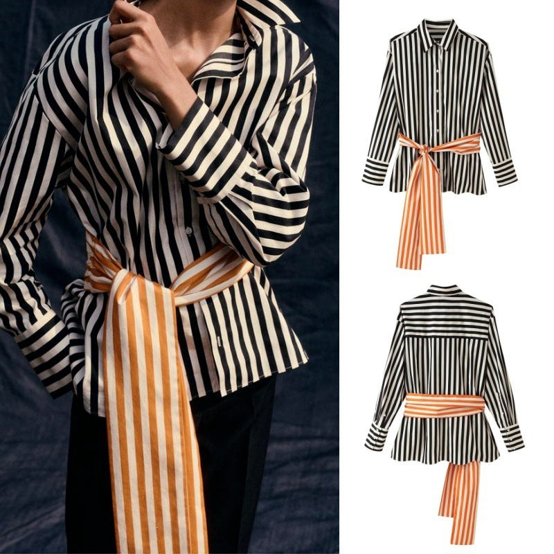 Women's Striped Shirt Blouse with Long Sleeves and Contrasting Waist Belt Mune Fashion