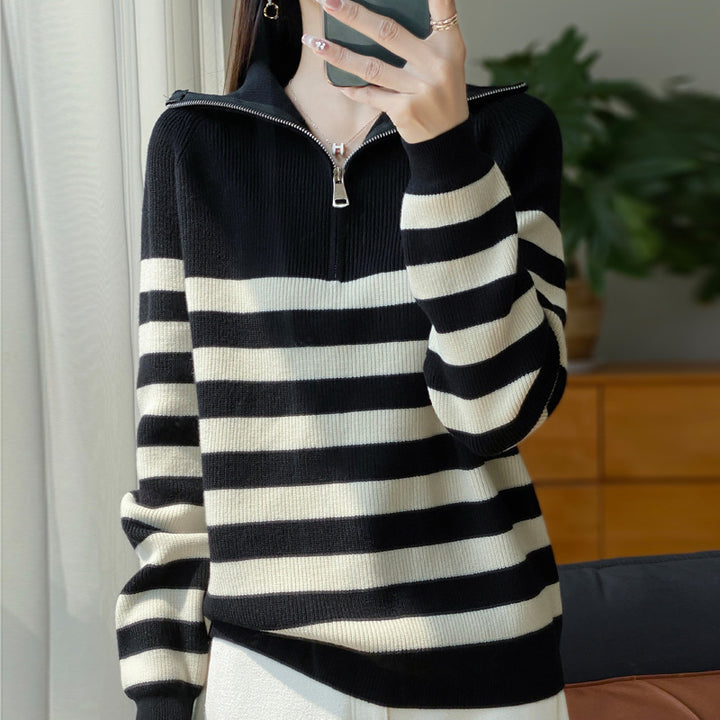 Women's Maritime Sweater Pullover made of fine ribbed knit with wide horizontal stripes Mune Fashion