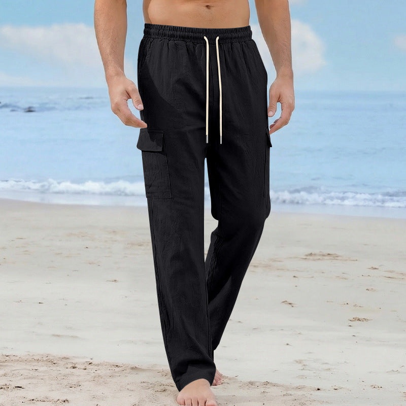 Men's cargo beach pants made of linen blend with elastic waistband and drawstring Mune Fashion