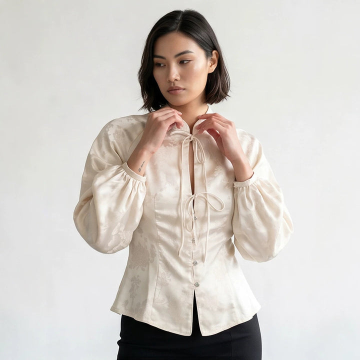 Women Jacquard Satin Blouse with Stand-up Collar, Ties and Fitted Peplum Mune Fashion