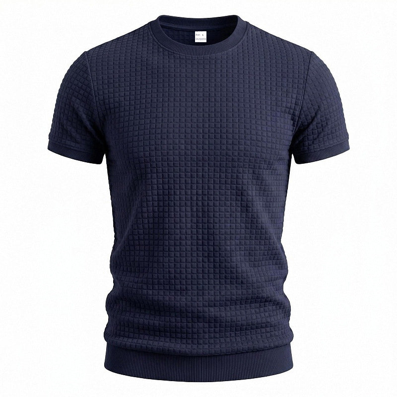 Men's short-sleeved knit shirt with embossed check structure, round neckline, and ribbed hem Mune Fashion