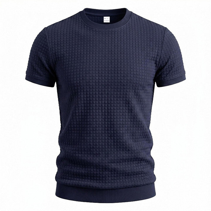 Men's short-sleeved knit shirt with embossed check structure, round neckline, and ribbed hem Mune Fashion