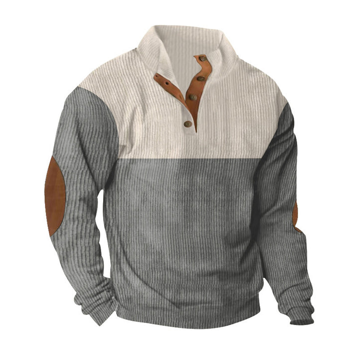 Men's ribbed pullover with stand-up collar, button placket, and elbow patches Mune Fashion