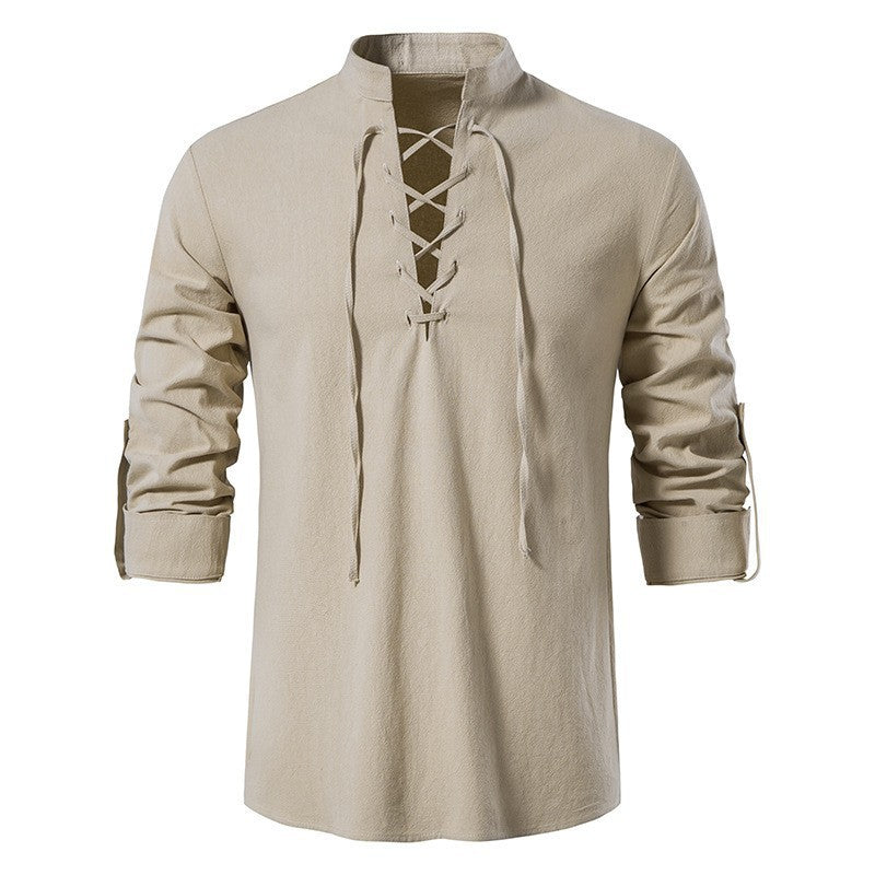 Men's casual lace-up shirt with stand-up collar, linen-cotton blend and roll-up sleeve tabs Mune Fashion