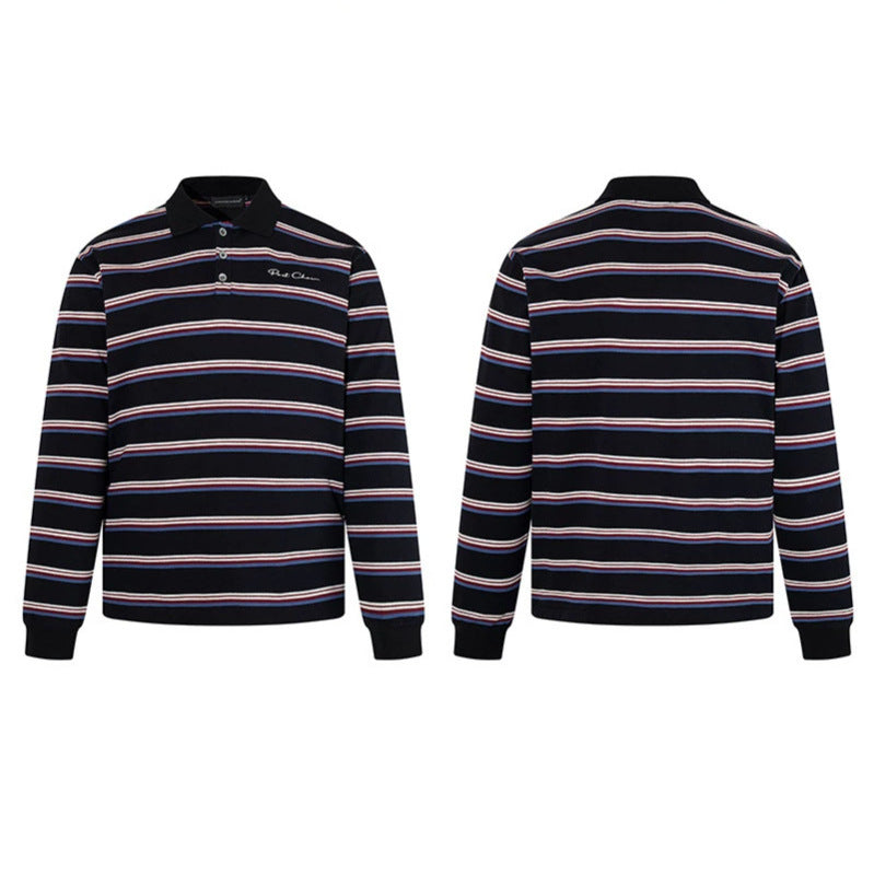 Men's Long Sleeve Polo Shirt with Retro Stripes, Ribbed Cuffs and Button Placket Mune Fashion