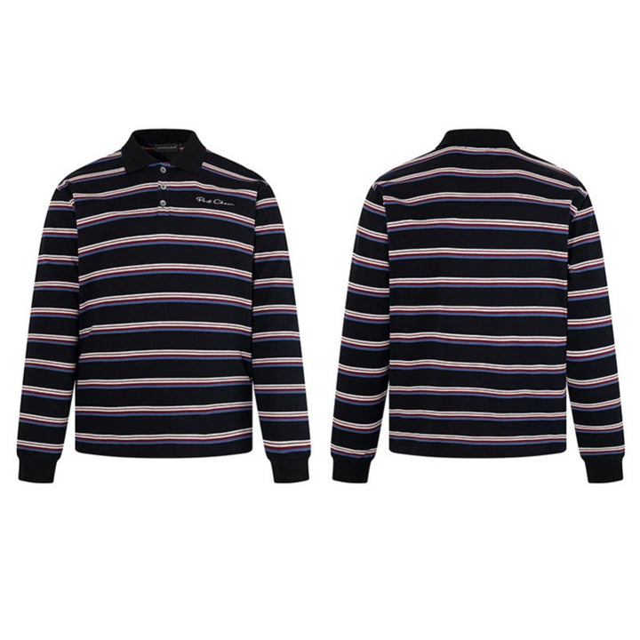 Men's Long Sleeve Polo Shirt with Retro Stripes, Ribbed Cuffs and Button Placket Mune Fashion