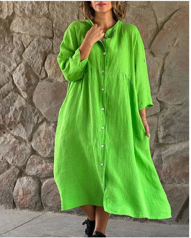 Women's Oversize Midi Dress in Linen Look with Standing Collar, Button Placket and Side Pockets Mune Fashion