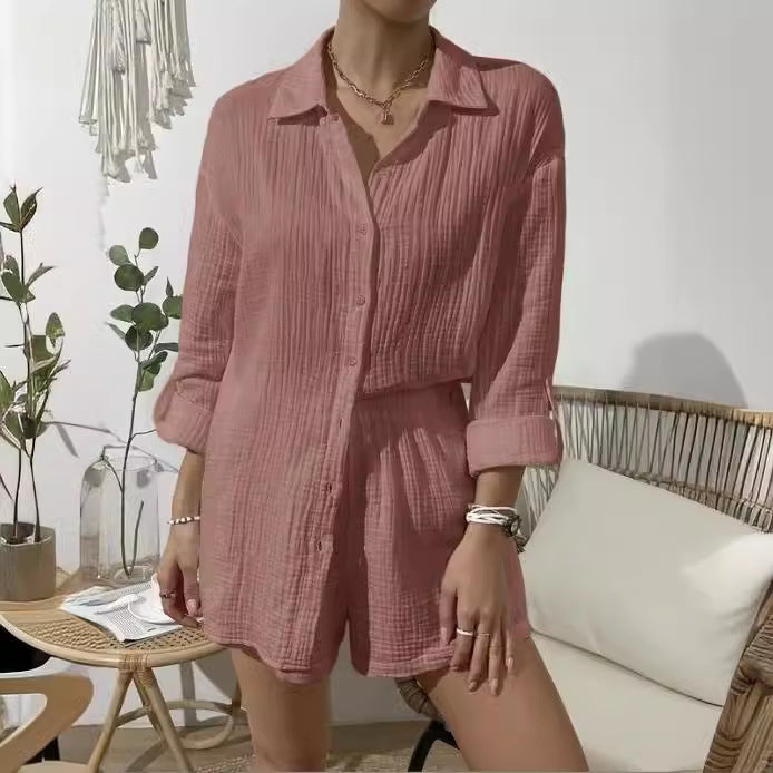 Women nan airy-light two-piece lounge set made of cotton gauze with shirt blouse and elastic waistband shorts Mune Fashion