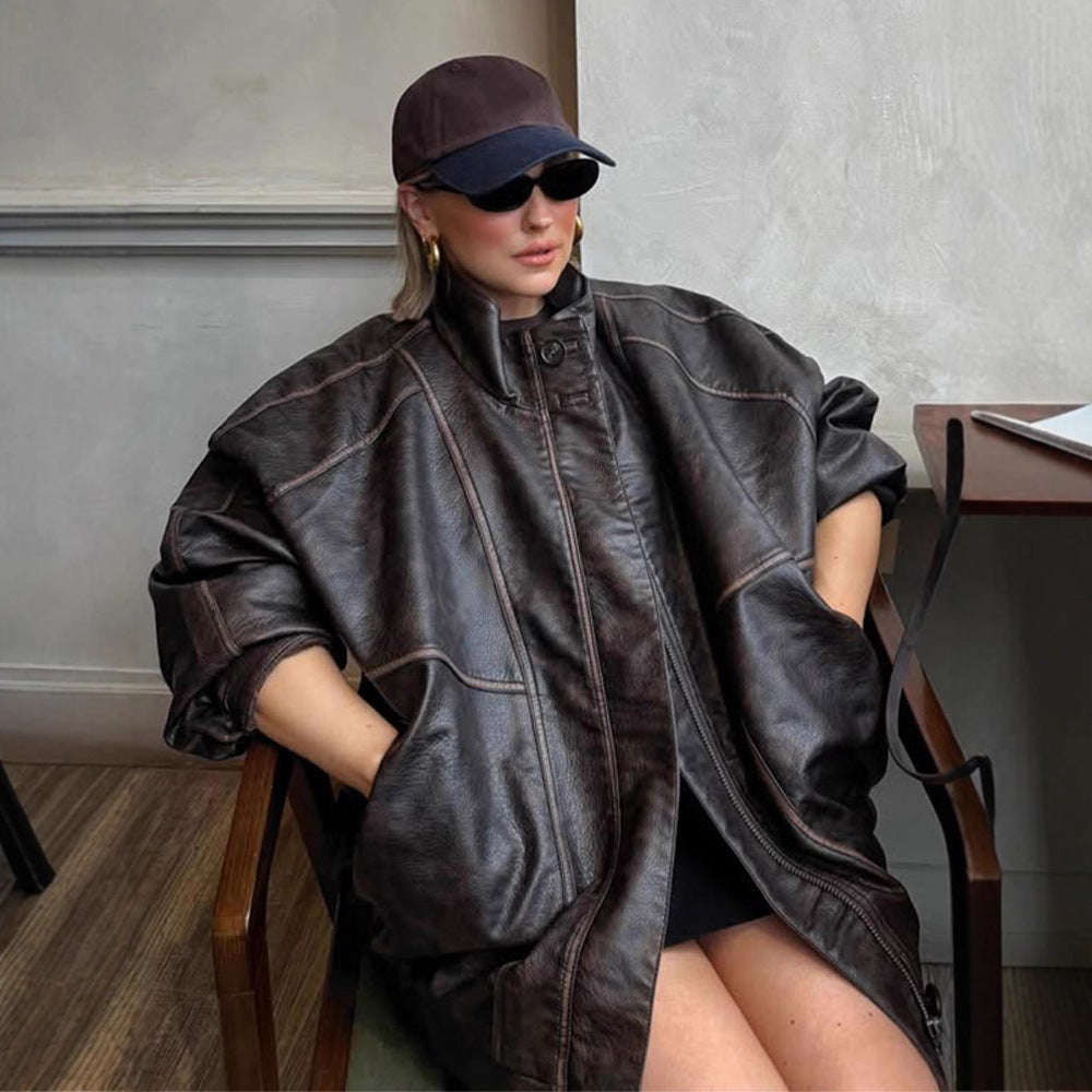 Women Oversize Faux Leather Coat with Distinct Decorative Seams and Stand-Up Collar Mune Fashion