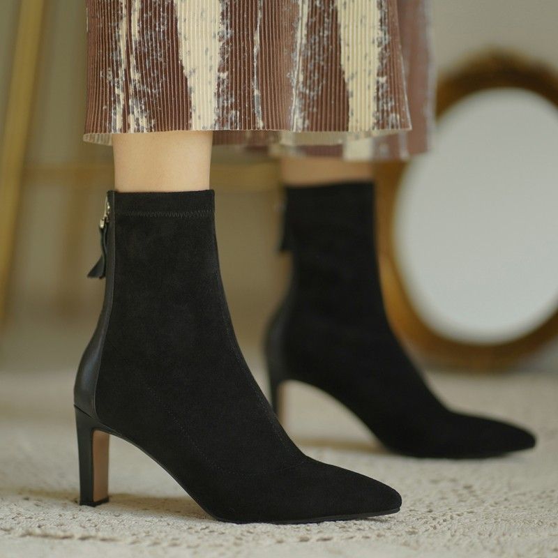 Women ankle-high ankle boots made of velour look with sock-like shaft and back zipper Mune Fashion