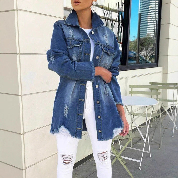 Women's Oversized Denim Jacket with Destroyed Details, Fringed Hem and Concealed Button Placket Mune Fashion