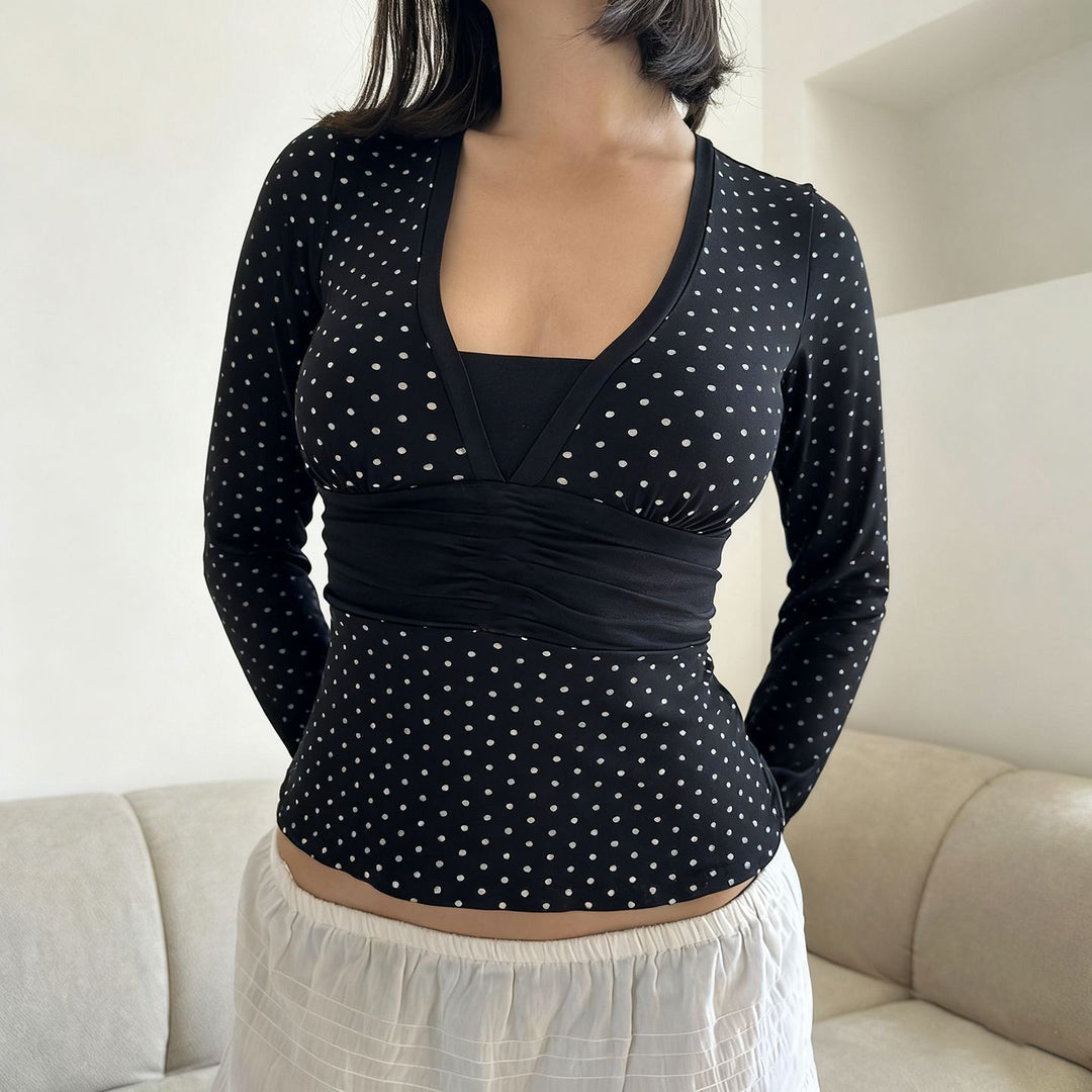 Women's tailored wrap blouse with polka dot pattern, deep V-neck and wide waistband Mune Fashion