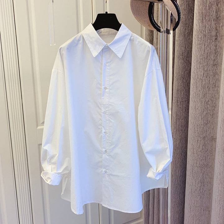Women's Oversize Poplin Blouse with Balloon Sleeves, Shirt Collar and Rounded Hem