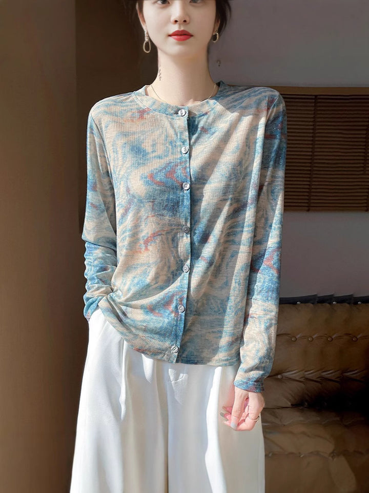Ladies Lightweight Watercolor Print Fine Knit Cardigan with Round Neck and Button Placket Mune Fashion