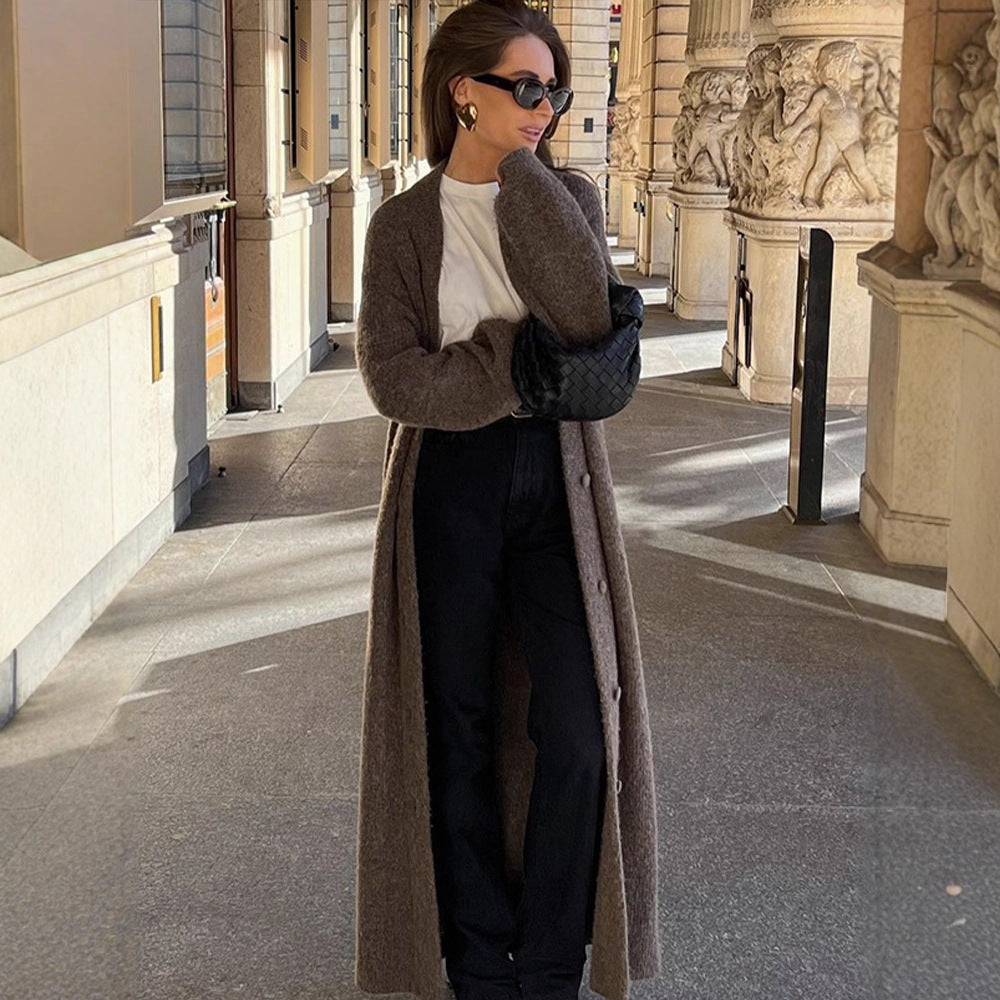 Women Maxi Long Knit Coat in Mohair Look with Concealed Button Placket and Loose Silhouette Mune Fashion