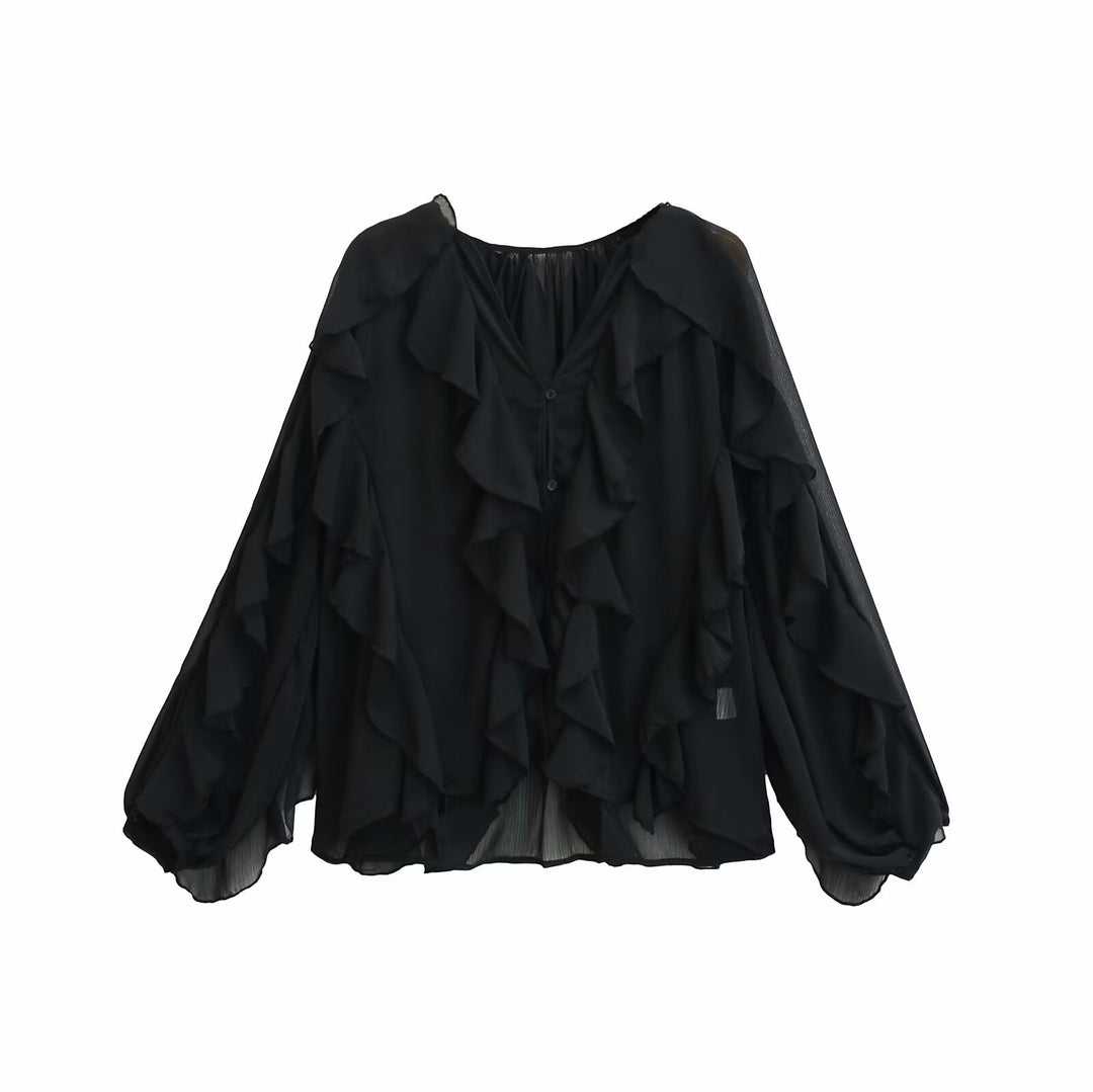 Women's Ruffle Chiffon Blouse with Button Placket, Gathered Neckline and Balloon Sleeves Mune Fashion