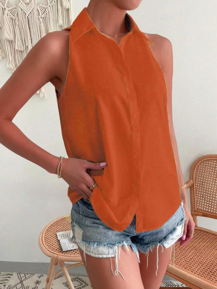 Women's Sleeveless Shirt with Classic Collar and Chic Cut Mune Fashion