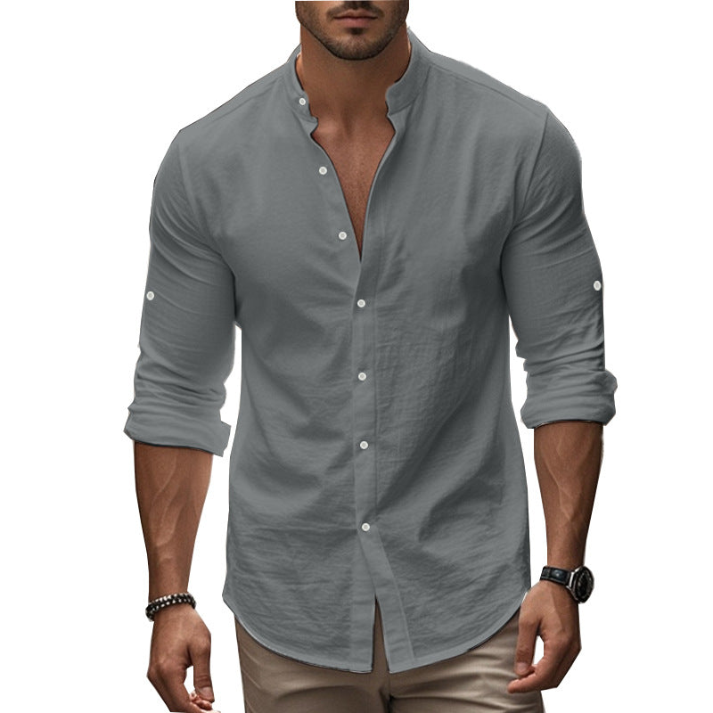Men's casual linen shirt with standing collar, full button placket and roll-up sleeves Mune Fashion