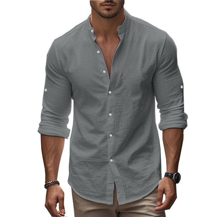 Men's casual linen shirt with standing collar, full button placket and roll-up sleeves Mune Fashion
