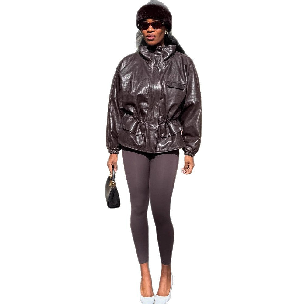 Women's Oversize Faux Leather Blouson with High Stand Collar and Waist Drawstring Mune Fashion