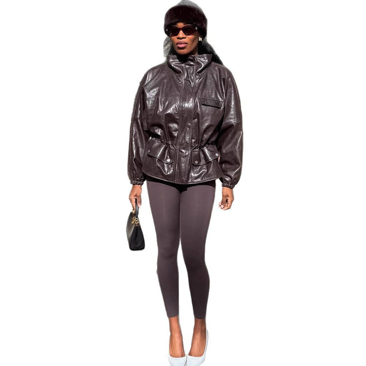 Women's Oversize Faux Leather Blouson with High Stand Collar and Waist Drawstring Mune Fashion