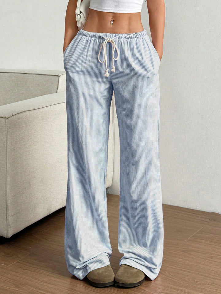 Ladies Wide Linen Look Pants with Elastic Waistband, Drawstring and Side Pockets Mune Fashion