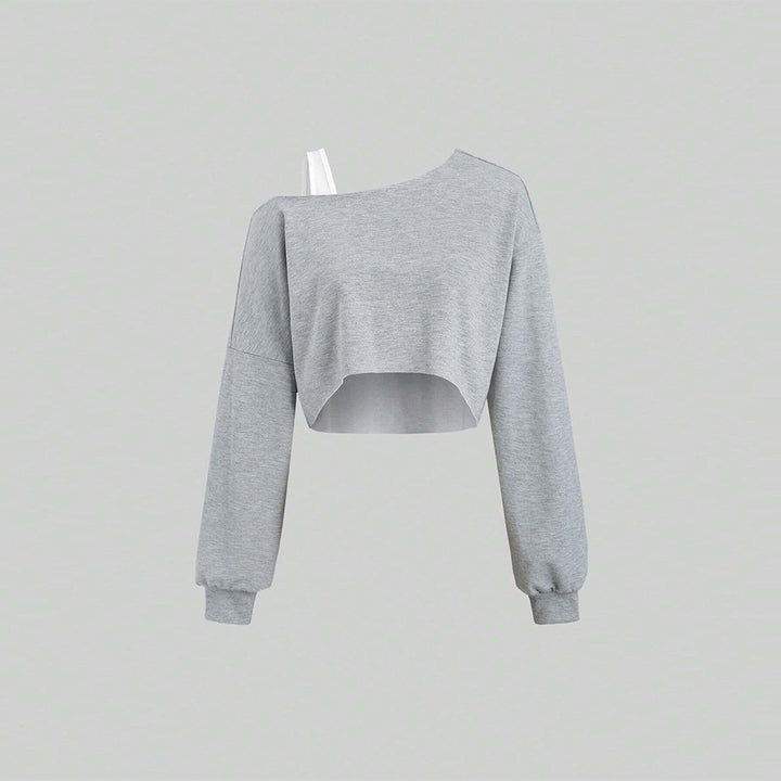 Women's cropped off-shoulder sweatshirt with one-sided strap, balloon sleeves, and ribbed cuffs.