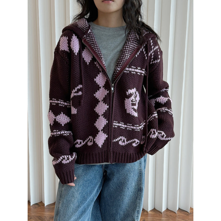 Women's chunky knit hooded cardigan with zipper and Norwegian pattern Mune Fashion