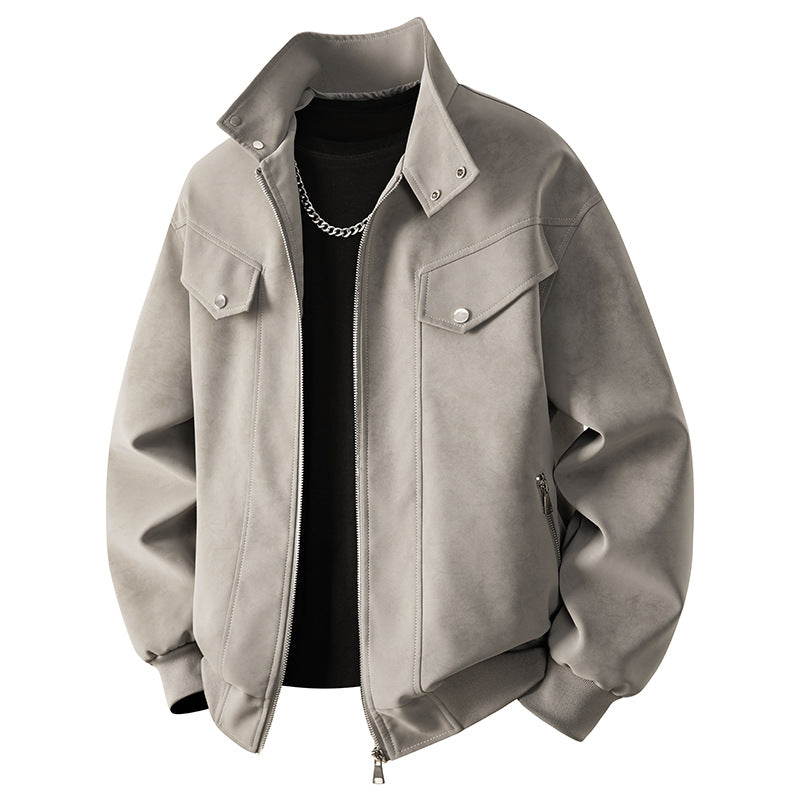 Men's velvet imitation transitional bomber-style jacket with stand-up collar, press stud fastening & elastic cuffs.