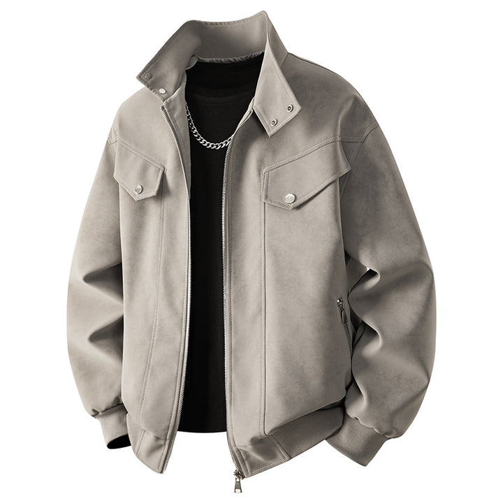 Men's velvet imitation transitional bomber-style jacket with stand-up collar, press stud fastening & elastic cuffs.
