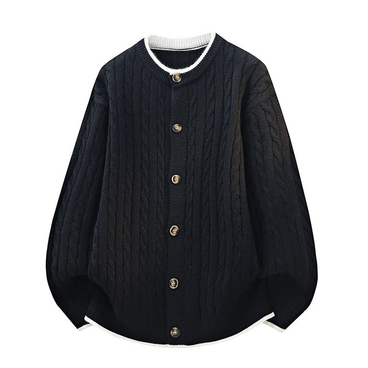 Women Oversize Cable Knit Cardigan with Round Neck, Wooden Button Placket & Contrast Trim Mune Fashion
