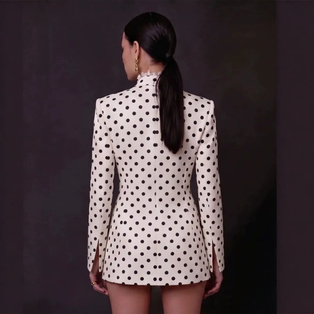 Women's Polka Dot Blazer Dress with Fringed Hem and Detachable Decorative Brooch Mune Fashion